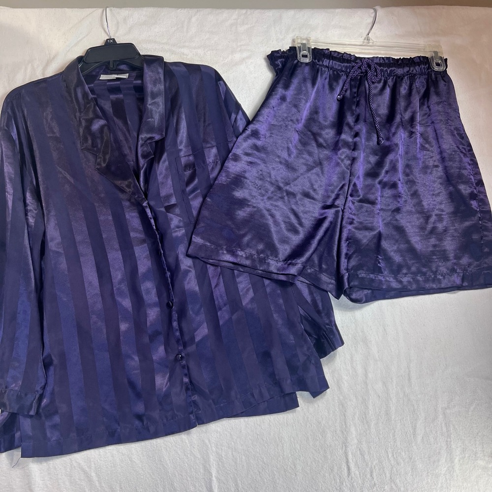 Cacique Purple Satin Shadow Stripe Pajama Set Top and Shorts Womens Medium